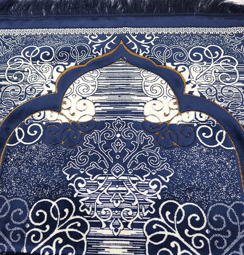 Modefa Prayer Mat | Turkish Velvet Muslim Prayer Rug Muslim Prayer Mat Islam | Soft Beautiful Prayer Rug Janamaz Sajjadah with Car Hanger | Classic Elegant Swirl (Navy Blue) - Image 2